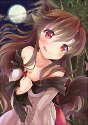 Rule 34 | 1girl, animal ears, bamboo, bamboo forest, blush, brooch, brown hair, forest, full moon, imaizumi kagerou, jewelry, kakao rantan, licking lips, long hair, long sleeves, looking at viewer, moon, nature, off shoulder, red eyes, shirt, simple background, skirt, solo, tail, tongue, tongue out, touhou, very long hair, wide sleeves, wolf ears, wolf tail