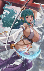 Rule 34 | 1girl, arm up, bare shoulders, breasts, commission, detached sleeves, dual wielding, from side, green hair, highres, holding, holding sword, holding weapon, katana, large breasts, long sleeves, looking at viewer, looking to the side, lyris saionji (zahylon), open mouth, original, outdoors, pointy ears, pubic tattoo, purple eyes, purple thighhighs, sideboob, silvertsuki, solo, sword, tattoo, thighhighs, thighs, torii, water, weapon, white sleeves