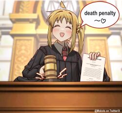 Rule 34 | 1girl, blonde hair, bocchi the rock!, courtroom, english text, gavel, highres, holding, holding paper, ijichi nijika, judge, judge robe, myjet, necktie, paper, side ponytail, smile, solo