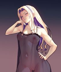 Rule 34 | 1girl, blonde hair, breasts, constance von nuvelle, fire emblem, fire emblem: three houses, highres, looking at viewer, multicolored hair, nintendo, nipples, pomelomelon, purple hair, pussy, see-through, solo