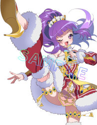 Rule 34 | 1girl, :d, ;d, bad id, bad twitter id, blunt bangs, blush, commentary request, commission, crown, detached sleeves, dress, floating hair, fur-trimmed dress, fur trim, gold trim, hanazono shuka, hand up, high heels, holding, holding microphone, idol, idol clothes, idol time pripara, leg up, leg warmers, long hair, looking at viewer, microphone, one eye closed, open mouth, ponytail, pretty series, pripara, purple eyes, purple hair, sample watermark, simple background, skeb commission, smile, solo, standing, standing on one leg, sweat, thigh strap, watermark, white background, yellow footwear, zashima