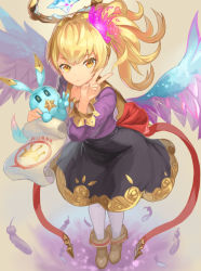 Rule 34 | :|, animal, black sclera, black skirt, blonde hair, brown eyes, brown footwear, canaan (monster strike), closed mouth, colored sclera, full body, gold trim, hair ornament, halo, holding, holding animal, long hair, long sleeves, looking at viewer, monster strike, scroll, simple background, skirt, solo, standing, star (symbol), taba comya, v, white legwear, wings, yellow pupils