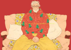 Rule 34 | 1boy, bara, beard, christmas, christmas tree print, facial hair, feet out of frame, glasses, goatee, i reibun, large pectorals, looking at viewer, male focus, mature male, messy hair, muscular, muscular male, mustache, old, old man, orange goodie, original, pants, pectorals, pillow, red-framed eyewear, short hair, sitting, solo, thick thighs, thighs, tree print, white hair, yellow pants