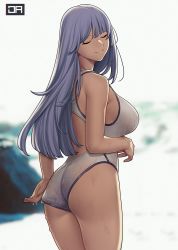 Rule 34 | 1girl, adjusting clothes, adjusting swimsuit, ak-12 (girls&#039; frontline), ass, backlighting, bare arms, bare shoulders, breasts, closed eyes, closed mouth, competition swimsuit, cowboy shot, day, facing viewer, girls&#039; frontline, grey hair, j adsen, large breasts, long hair, one-piece swimsuit, outdoors, sideboob, smile, solo, swimsuit, wedgie, wet, wet clothes, wet swimsuit, white one-piece swimsuit