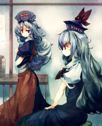 2girls blue_eyes female_focus hat highres kamishirasawa_keine long_hair multiple_girls red_eyes silver_hair sitting touhou ukyo_rst yagokoro_eirin