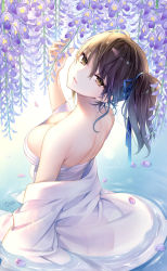 Rule 34 | 10s, 1girl, breasts, brown eyes, brown hair, cleavage, flower, from above, hair ribbon, head tilt, kaga (kancolle), kaguyuzu, kantai collection, large breasts, looking at viewer, looking back, matching hair/eyes, off shoulder, parted lips, partially submerged, petals, ribbon, ripples, sarashi, side ponytail, smile, solo, upper body