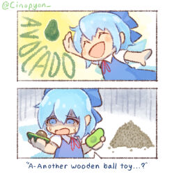Rule 34 | 1girl, 2koma, avocado, blue bow, blue dress, blue eyes, blue hair, bow, cirno, comic, dress, english text, fairy, food, fruit, green tea reimu, hair bow, holding, holding food, holding fruit, ice, ice wings, open mouth, shaded face, short hair, simple background, solo, sweat, touhou, twitter username, white background, wings