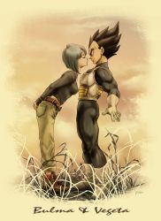 Rule 34 | 1boy, 1girl, arms behind back, bad id, bad pixiv id, black hair, blue hair, boots, bulma, character name, closed eyes, dragon ball, dragonball z, full body, gloves, gradient background, grass, hetero, highres, imminent kiss, leaning forward, sepia, signature, surprised, uirina, vegeta, white gloves