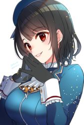 Rule 34 | 1girl, ascot, beret, black gloves, black hair, blue hat, breasts, dated, fingers together, frills, gloves, hair between eyes, hat, kantai collection, koruri, large breasts, military, military uniform, parted lips, red eyes, short hair, simple background, smile, solo, takao (kancolle), twitter username, uniform, upper body, white background