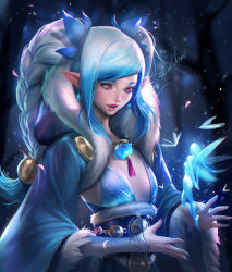 Rule 34 | 1girl, :d, arm guards, artist name, blue hair, blue theme, blush, braid, breasts, bug, butterfly, coat, elf, fairy, fur coat, glowing, hair ribbon, insect, long hair, low-tied long hair, magic, nail polish, obi, open mouth, original, pink eyes, pointy ears, ribbon, sakimichan, sash, signature, small breasts, smile, solo focus, swept bangs, twin braids, upper body, wide sleeves