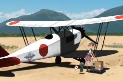 Rule 34 | 2girls, aircraft, aircraft request, airplane, akigumo (kancolle), annin musou, bad id, bad twitter id, biplane, blue sky, boots, box, brown hair, cart, cloud, commentary request, day, dress, fairy (kancolle), full body, grey legwear, hair ribbon, kantai collection, long hair, mountain, multiple girls, outdoors, pantyhose, pleated dress, ponytail, purple dress, ribbon, school uniform, shirt, sky, sleeves rolled up, vehicle focus, vest, white shirt