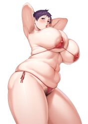 Rule 34 | 1girl, absurdres, areola slip, armpits, arms behind head, bikini, blush, breasts, character request, commentary request, copyright request, covered erect nipples, cowboy shot, earrings, female pubic hair, hakai shin, highres, huge breasts, jewelry, looking at viewer, micro bikini, mole, mole on breast, mole on cheek, navel, parted lips, plump, pubic hair, purple eyes, red bikini, red lips, short hair, side-tie bikini bottom, simple background, skindentation, solo, string bikini, stud earrings, swimsuit, thick thighs, thighs, white background