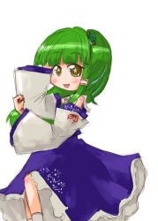 Rule 34 | 1girl, arms up, chibi, detached sleeves, female focus, frog hair ornament, green hair, hair ornament, kochiya sanae, long hair, no nose, simple background, smile, solo, star-shaped pupils, star (symbol), symbol-shaped pupils, tao, tao (kadoya), touhou, white background