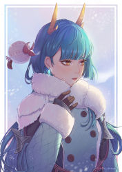 Rule 34 | 1girl, absurdres, armor, blue coat, blue hair, blunt bangs, brown gloves, coat, earrings, eyebrows hidden by hair, fur-trimmed sleeves, fur scarf, fur trim, gloves, highres, horns, jewelry, long hair, long sleeves, monster hunter, monster hunter: world, monster hunter (series), original, parted lips, scarf, shiro-hane, sleeves past wrists, snow, solo, twitter username, upper body, white scarf, winter clothes, winter coat, yellow eyes