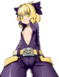 1girl belt blonde_hair bow breasts buckle female_focus hair_bow kagehito kurodani_yamame navel open_clothes short_hair simple_background small_breasts solo touhou white_background yellow_eyes