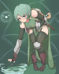 Rule 34 | 1girl, bent over, blue eyes, breasts, folait, garter straps, green hair, highres, looking at viewer, medium breasts, original, short hair, solo, thighhighs