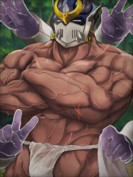 Rule 34 | 1boy, abs, bara, bulge, crossed arms, dark-skinned male, dark skin, disembodied hand, ear piercing, extra arms, fundoshi, helmet, highres, japanese clothes, looking at viewer, male focus, male swimwear, muscular, muscular male, navel, pectoral lift, pectorals, piercing, pon20021202, see-through, shiva (housamo), solo, thick thighs, thighs, tokyo houkago summoners, topless male, veins, wet clothes, wet fundoshi, white male swimwear