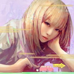 Rule 34 | 1girl, blonde hair, car, commentary, head on hand, head rest, lips, looking at viewer, motor vehicle, parted lips, pink lips, short hair, sign, solo, wataboku