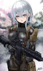 Rule 34 | 1girl, assault rifle, bodysuit, breasts, commentary request, commission, frogs (metal gear), grey eyes, grey hair, gun, h&amp;k hk416, highres, holding, holding gun, holding weapon, looking at viewer, medium breasts, metal gear (series), metal gear solid, metal gear solid 4: guns of the patriots, original, pouch, rifle, signature, skeb commission, solo, standing, sunao (70 the), thigh pouch, weapon