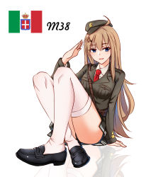 Rule 34 | absurdres, ahoge, bad id, bad pixiv id, beretta model 38 (girls&#039; frontline), black footwear, blue eyes, breast pocket, breasts, brown hair, buckle, character name, commentary request, crossed ankles, eyes visible through hair, girls&#039; frontline, hair ornament, hairclip, hat, highres, italian flag, italian text, jacket, knees up, loafers, long hair, long sleeves, looking at viewer, military, military hat, military uniform, necktie, open mouth, pleated skirt, pocket, red necktie, reflection, salute, shirt, shoes, sitting, skirt, solo, strap, thighhighs, thighs, uniform, white shirt, white thighhighs, zenge hd