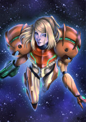 Rule 34 | 1girl, absurdres, alan campos, arm cannon, armor, blonde hair, blue eyes, floating, highres, lips, long hair, looking at viewer, mecha, metroid, neon trim, nintendo, no headwear, nose, ponytail, power armor, power suit, realistic, robot, samus aran, solo, space, star (sky), star (symbol), starry background, varia suit, weapon