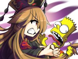 Rule 34 | 1boy, 1girl, angry, asphyxiation, bart simpson, black dress, black hat, blonde hair, chinese clothes, clenched teeth, colored skin, commentary, crossover, dress, english commentary, hands on another&#039;s neck, hat, hat ornament, headdress, holding another&#039;s hair, junko (touhou), kaliningradg, long hair, open mouth, orange shirt, red eyes, shirt, simple background, spiked hair, strangling, tassel, teeth, the simpsons, tongue, tongue out, toon (style), touhou, wavy hair, yellow skin