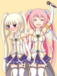 Rule 34 | 00s, 2girls, angelic buster, blush, closed eyes, gloves, gradient background, hair ornament, holding hands, horns, maplestory, microphone, mole, mole under eye, multiple girls, open mouth, orchid (maplestory), pink hair, pleated skirt, purple eyes, rabbit hair ornament, skirt, thighhighs, twintails, two side up, wavy mouth, white gloves, white hair, white legwear, wings, yan (craze819)