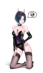 Rule 34 | 1girl, absurdres, alternate costume, azur lane, bare shoulders, black choker, black hair, black leotard, black sleeves, breasts, brown thighhighs, choker, cleavage, covered navel, detached sleeves, eyes visible through hair, full body, highres, horns, jewelry, kneeling, lace, lace-trimmed legwear, lace trim, leotard, mechanical horns, multicolored hair, nail polish, red horns, red nails, ring, shadow, short hair, simple background, skull, slit pupils, small breasts, solo, spoken skull, strapless, strapless leotard, tflop (tea flop), thighhighs, thighs, two-tone hair, ulrich von hutten (azur lane), white background, white hair, yellow eyes