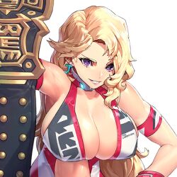 1girl armband armpits bare_shoulders belt blonde_hair breasts championship_belt character_name cleavage clenched_teeth covered_erect_nipples earrings female_focus forehead game_cg grin hanging_breasts holding huge_breasts jewelry last_origin long_hair looking_at_viewer mar10 official_art parted_lips purple_eyes rena_the_champion skindentation smile sweat sweatdrop teeth toned toned_female transparent_background upper_body wrestling_outfit