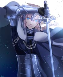 Rule 34 | &gt;:), 1boy, arm up, armor, blonde hair, blue eyes, braid, cape, chain, closed mouth, fate/apocrypha, fate/grand order, fate (series), genderswap, genderswap (ftm), headpiece, holding, holding sword, holding weapon, jeanne d&#039;arc (fate), jeanne d&#039;arc (ruler) (fate), looking at viewer, male focus, omizu (omz), single braid, smile, solo, sword, upper body, v-shaped eyebrows, weapon, white background