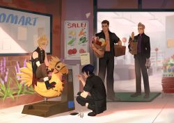 Rule 34 | 4boys, abs, bag, black hair, black jacket, blonde hair, boots, box, brown hair, chocobo, coin, coin purse, final fantasy, final fantasy xv, fingerless gloves, food, formal, gladiolus amicitia, glasses, gloves, groceries, grocery bag, hair slicked back, ignis scientia, jacket, looking at another, meat, multiple boys, noctis lucis caelum, parted lips, plant, prompto argentum, rachel huey, shop, shopping bag, single glove, sleeveless, smile, spiked hair, suit, tattoo, vegetable