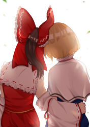 Rule 34 | 2girls, absurdres, alice margatroid, blonde hair, blue dress, bow, brown hair, capelet, detached sleeves, dress, falling leaves, frilled bow, frilled shirt collar, frills, hair bow, hakurei reimu, hand on another&#039;s hip, highres, leaf, medium hair, multiple girls, red shirt, red skirt, ribbon-trimmed sleeves, ribbon trim, shirt, short hair, skirt, skirt set, sleeveless, sleeveless shirt, touhou, uchisaki himari, white background, white capelet, wide sleeves