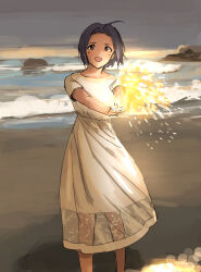 Rule 34 | 1girl, ahoge, annko, beach, blush, cloud, cloudy sky, cowboy shot, dress, fireworks, holding, holding fireworks, idolmaster, idolmaster (classic), idolmaster million live!, idolmaster million live! theater days, looking at viewer, miura azusa, ocean, open mouth, purple eyes, sand, short hair, short sleeves, sketch, sky, smile, solo, sparkler, twilight, water, white dress