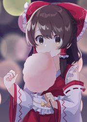 Rule 34 | 1girl, adapted costume, bad id, bad twitter id, bare shoulders, bow, brown eyes, brown hair, commentary request, cotton candy, detached sleeves, dress, earrings, frilled bow, frilled hair tubes, frilled sash, frills, hair bow, hair tubes, hakurei reimu, highres, jewelry, kudamono25253, long sleeves, looking at viewer, medium hair, red dress, sash, sidelocks, sleeveless, sleeveless dress, solo, touhou, white sash, white sleeves, wide sleeves