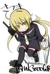 Rule 34 | 10s, 1girl, ahoge, blonde hair, character name, crate, crescent, kantai collection, low twintails, necktie, satsuki (kancolle), school uniform, sitting, smile, solo, twintails, twitter username, udukikosuke, weapon, white background, yellow eyes