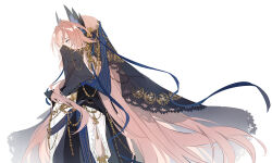 Rule 34 | 1boy, adapted costume, arknights, black cloak, black veil, blue eyes, blue ribbon, cloak, closed mouth, clothing cutout, earrings, expressionless, forehead jewel, from side, head wings, highres, jewelry, lieshang773, long hair, looking ahead, male focus, mouth veil, orange hair, parted bangs, passenger (arknights), profile, ribbon, shirt, simple background, solo, upper body, veil, white background, white shirt, wings