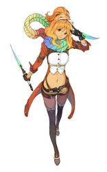 Rule 34 | 1girl, atelier (series), atelier shallie, black pantyhose, coat, dagger, dual wielding, female focus, full body, gloves, half updo, hidari (left side), holding, holding dagger, holding knife, holding weapon, jurie crotze, knife, multicolored clothes, multicolored scarf, navel, official art, orange hair, pantyhose, pantyhose under shorts, reverse grip, scarf, short hair, shorts, solo, thighhighs, weapon, white background