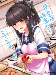 Rule 34 | 10s, 1girl, alternate hairstyle, apple, apron, bandaid, bandaid on hand, black hair, blunt bangs, blush, bow, breasts, brown eyes, checkered bow, checkered clothes, food, fruit, hair bow, hatsuyuki (kancolle), highres, kantai collection, knife, long hair, open mouth, peeling, ponytail, revision, school uniform, serafuku, skirt, solo, translation request, twitter username, yapo (croquis side)
