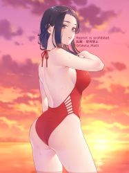 Rule 34 | 1girl, ass, black eyes, black hair, boku no hero academia, breasts, casual one-piece swimsuit, cloud, commentary request, cowboy shot, dated, english text, from behind, gradient sky, horizon, long hair, looking at viewer, medium breasts, mizuki mau, ocean, one-piece swimsuit, outdoors, ponytail, red sky, red one-piece swimsuit, sky, solo, standing, sunset, swimsuit, twitter username, water, yaoyorozu momo