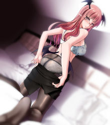Rule 34 | 1girl, ass, bare arms, bare shoulders, bed, bespectacled, black pantyhose, black skirt, blurry, blurry background, blush, bra, breasts, clothes pull, commentary request, demon wings, dutch angle, feet out of frame, female focus, glasses, head wings, highres, indoors, kneeling, koakuma, large breasts, long hair, looking at viewer, low wings, matching hair/eyes, miniskirt, no shoes, panties, panties under pantyhose, pantyhose, pillow, pointy ears, pulling own clothes, red eyes, red hair, skirt, skirt pull, smile, solo, thighs, touhou, underwear, underwear only, white bra, white panties, wings, yumi (careca398)