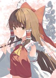 Rule 34 | 1girl, absurdres, ascot, bow, breasts, brown eyes, brown hair, cherry blossoms, closed mouth, commentary, detached sleeves, frilled bow, frills, gohei, hair bow, hair tubes, hakurei reimu, highres, holding, large bow, long hair, looking at viewer, medium breasts, nontraditional miko, paso neko, petals, red bow, red shirt, shirt, sidelocks, smile, solo, straight hair, touhou, upper body, yellow ascot