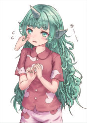 Rule 34 | 1girl, blouse, blush, breasts, cheek pull, cloud print, collared shirt, commentary request, cowboy shot, curly hair, disembodied hand, flying sweatdrops, green eyes, green hair, green nails, highres, horns, komano aunn, long hair, messy hair, nail polish, own hands together, parted lips, red shirt, roke (taikodon), shirt, short sleeves, shorts, simple background, single horn, small breasts, solo focus, standing, touhou, translation request, very long hair, white background, white shorts