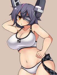 Rule 34 | &gt;:o, 10s, 1girl, :o, bare shoulders, belly, blush, breasts, cleavage, curvy, eyepatch, fat rolls, female focus, haniwagi (hal), kantai collection, large breasts, looking at viewer, navel, open mouth, plump, purple hair, short hair, simple background, solo, standing, tenryuu (kancolle), tsurime, v-shaped eyebrows, wide hips, yellow eyes