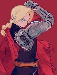 Rule 34 | 1boy, automail, blonde hair, braid, braided ponytail, commentary, edward elric, english commentary, from side, fullmetal alchemist, male focus, mechanical arms, red background, serious, simple background, single braid, single mechanical arm, solo
