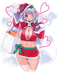 Rule 34 | 1girl, breasts, christmas, cleavage, covered erect nipples, cross, gift, hat, heart, highres, hip focus, huge breasts, large breasts, mugen no fantasia, one eye closed, pointy ears, red eyes, ryoji (nomura ryouji), santa costume, santa hat, short hair, snow, solo, thighhighs, white hair, wide hips, wink