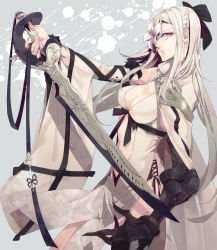Rule 34 | 1girl, bare shoulders, bow, breasts, cleavage, drag-on dragoon, drag-on dragoon 3, flower, flower eyepatch, flower over eye, hair bow, highres, long hair, looking at viewer, red eyes, rui yuda, solo, sword, weapon, white hair, zero (drag-on dragoon)