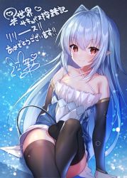 Rule 34 | 1girl, bare shoulders, black sleeves, black thighhighs, blue background, blue dress, blush, breasts, collarbone, commentary request, copyright request, demon girl, demon tail, detached sleeves, dress, haiba 09, hair between eyes, hair intakes, long hair, looking at viewer, pointy ears, red eyes, silver hair, sleeveless, sleeveless dress, small breasts, smile, solo, tail, thighhighs, translation request, white dress
