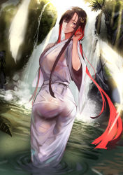 Rule 34 | 1girl, ass, black hair, blush, breasts, fate/grand order, fate (series), japanese clothes, jikihatiman, kimono, large breasts, long hair, long sleeves, looking at viewer, looking back, miss crane (fate), multicolored hair, purple eyes, red hair, sidelocks, smile, solo, two-tone hair, wet, wet clothes, white kimono, wide sleeves