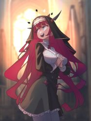 Rule 34 | 1girl, blue eyes, church, dress, habit, heterochromia, highres, hololive, hololive english, horns, indoors, irys (hololive), long hair, multicolored hair, nun, pointy ears, purple hair, red hair, smile, solo, stained glass, virtual youtuber, zedd (zedgawr)