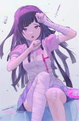 Rule 34 | 1girl, :o, absurdres, apron, arm up, bandaged arm, bandaged leg, bandages, bandaid, bandaid on knee, bandaid on leg, blood, blood bag, blue skirt, breasts, collared shirt, commentary, danganronpa (series), danganronpa 2: goodbye despair, dinwoon, dress shirt, feet out of frame, hand up, highres, long hair, medium breasts, mole, mole under eye, nurse, open mouth, pill, pill bottle, puffy short sleeves, puffy sleeves, purple hair, shirt, short sleeves, sitting, skirt, solo, syringe, tears, teeth, tsumiki mikan, upper teeth only, white apron